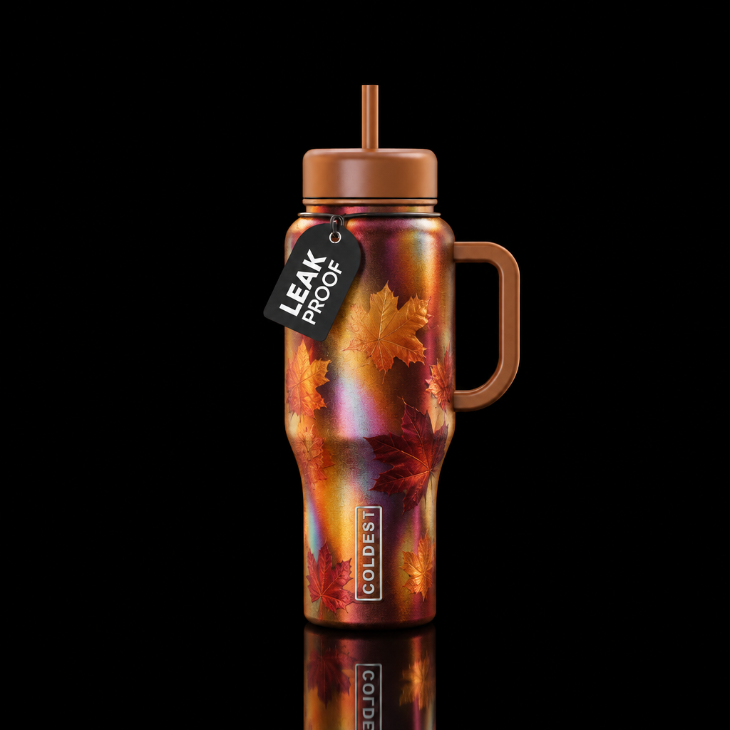 irridescent, luxurious, fall season, vibrant water bottle design