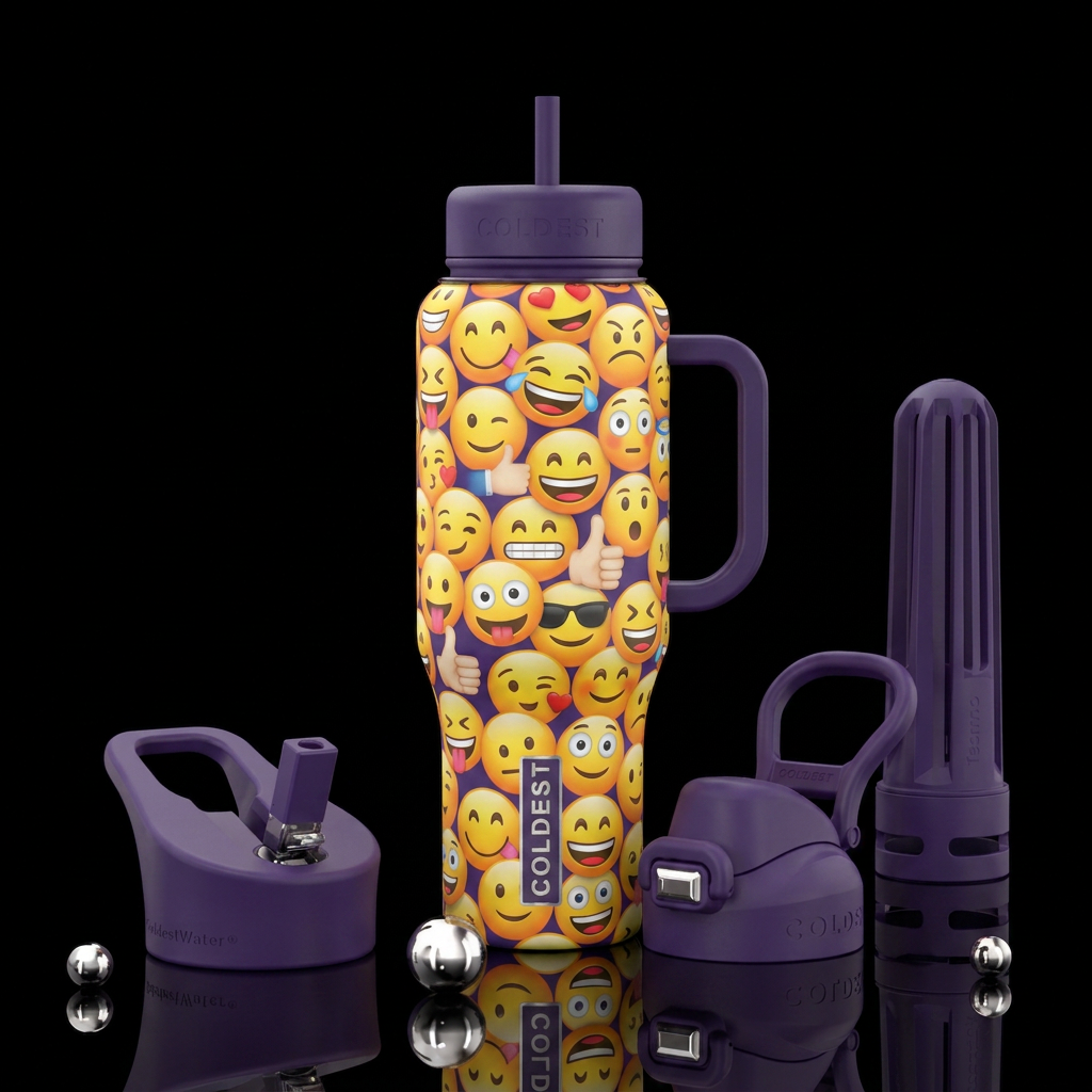 set of emojie faceswith a range of random emoticon... water bottle design