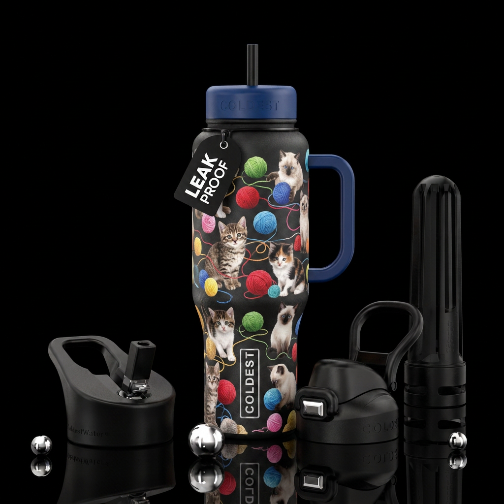adorable kittens playing with different colored ba... water bottle design