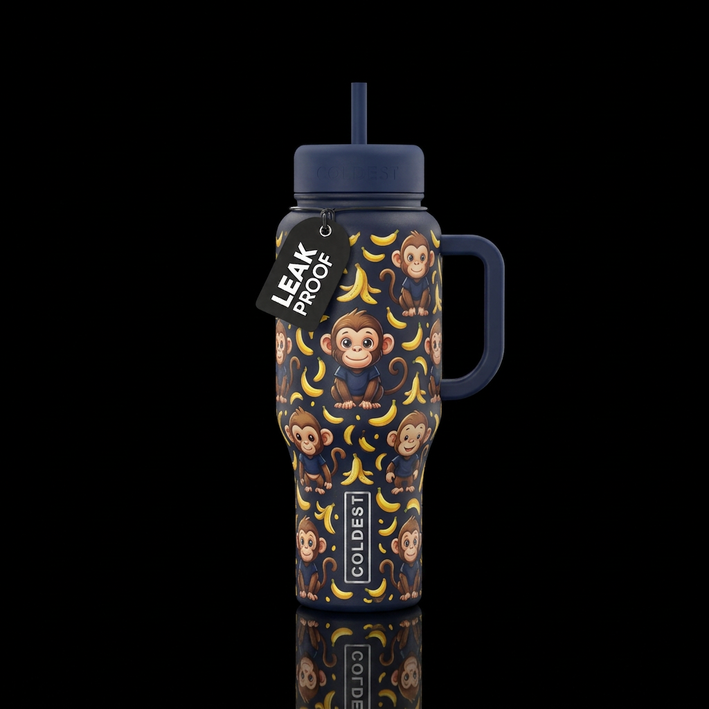 monkey with navy shirt with small bananas placed r... water bottle design