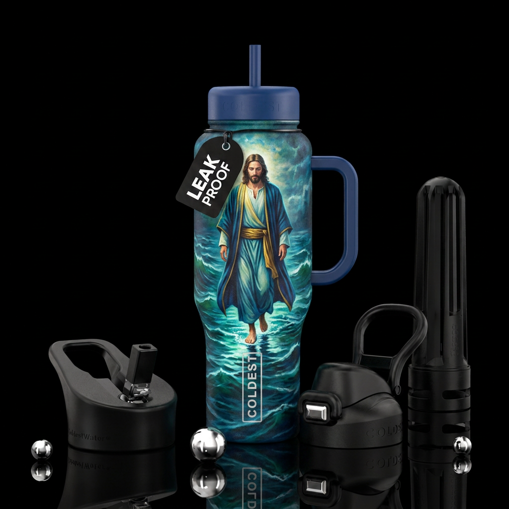 Jesus walking on water water bottle design