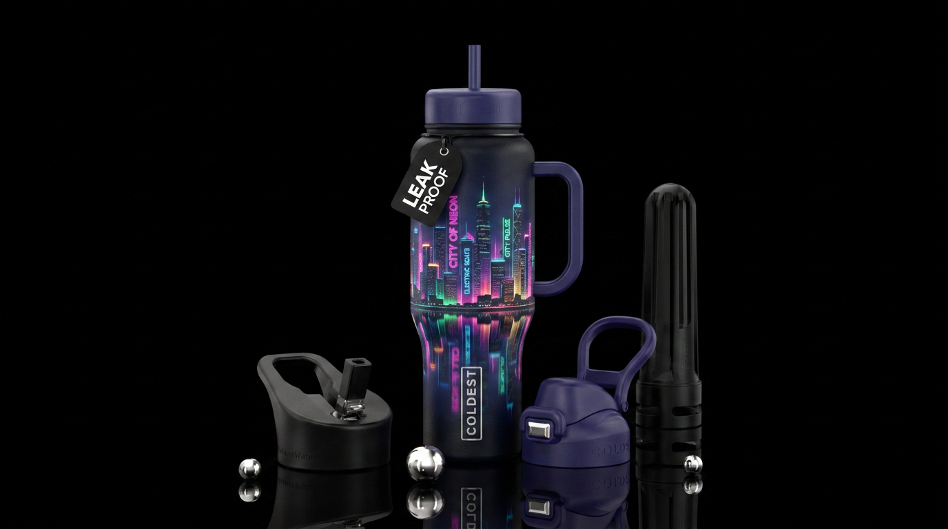 cityscape on water, neon colorful sky, lighting up... water bottle design