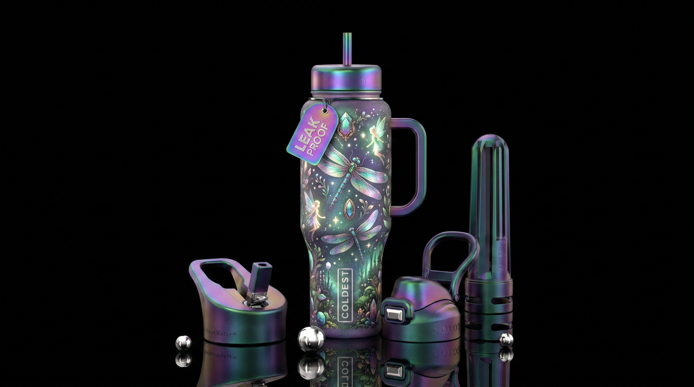 Dragonflies, Forest, Ferries, iridescent, magic, g... water bottle design