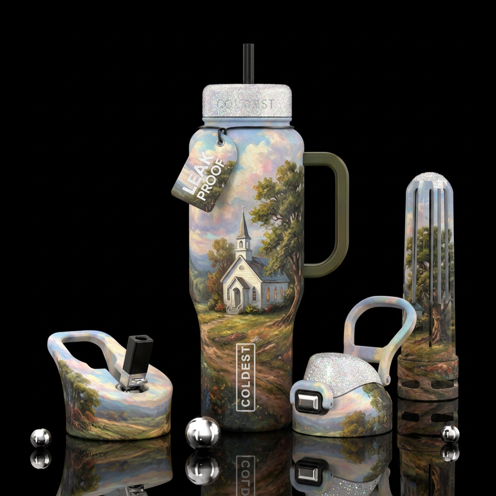 oil painted, little white church, painting, old, c... water bottle design