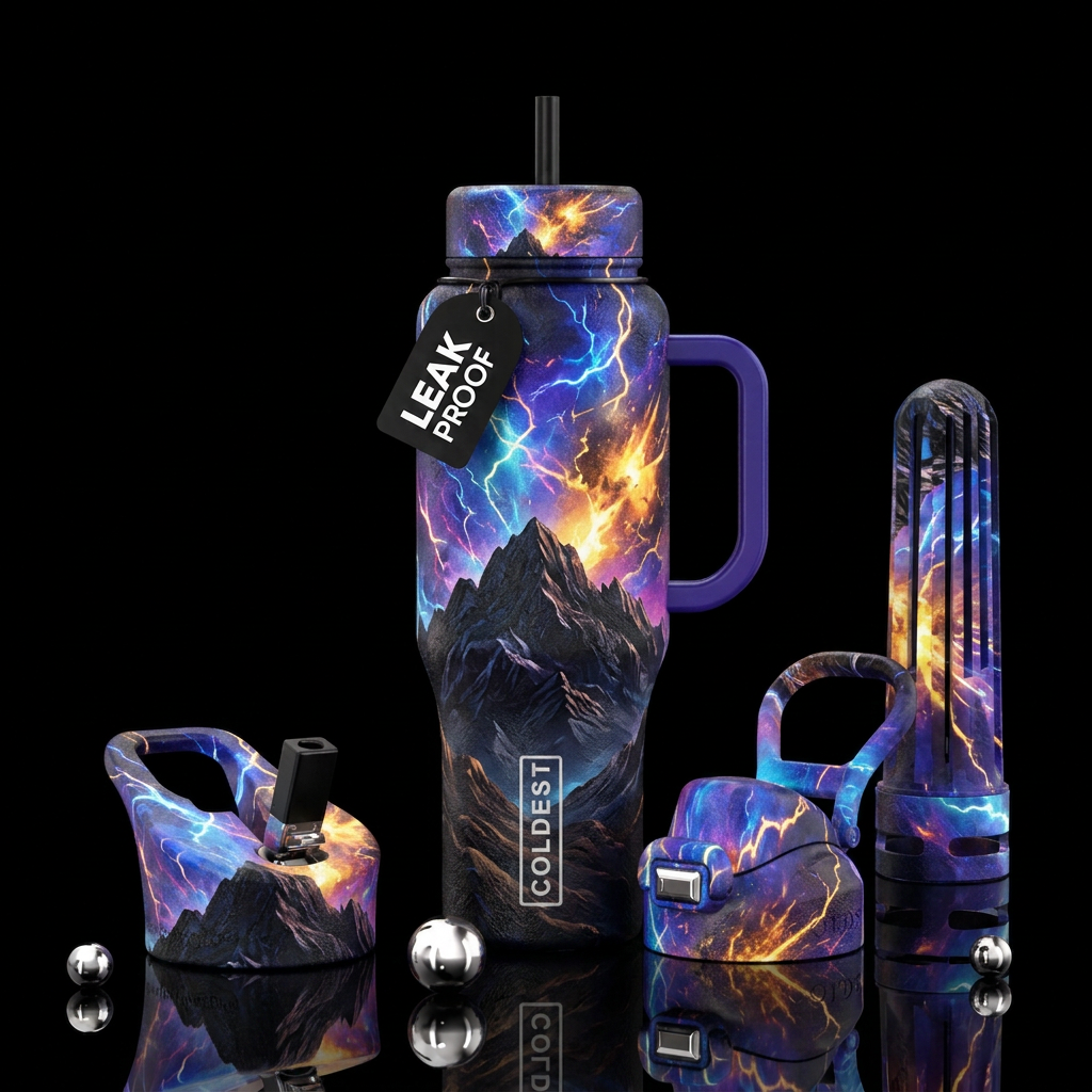 darkness, mountains, electric sky, electric lids, ... water bottle design