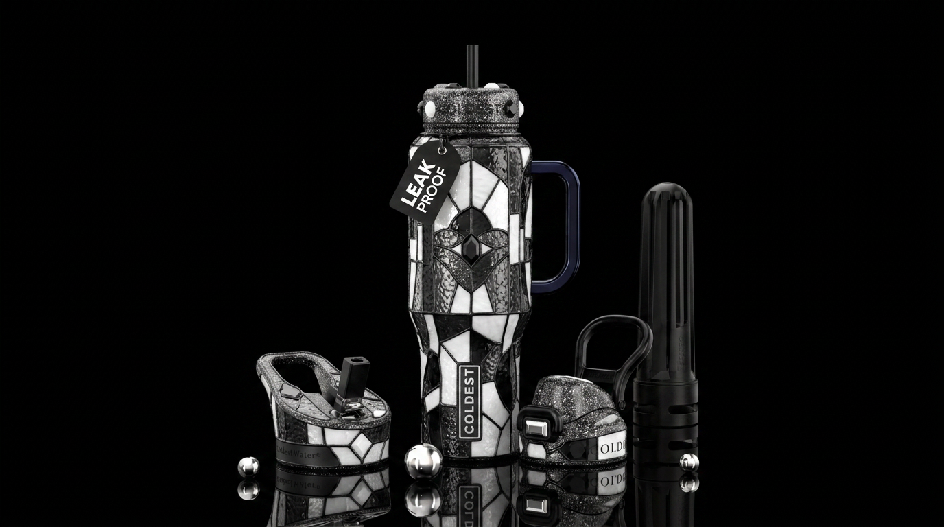 Stained glass black and white, glittery lid water bottle design