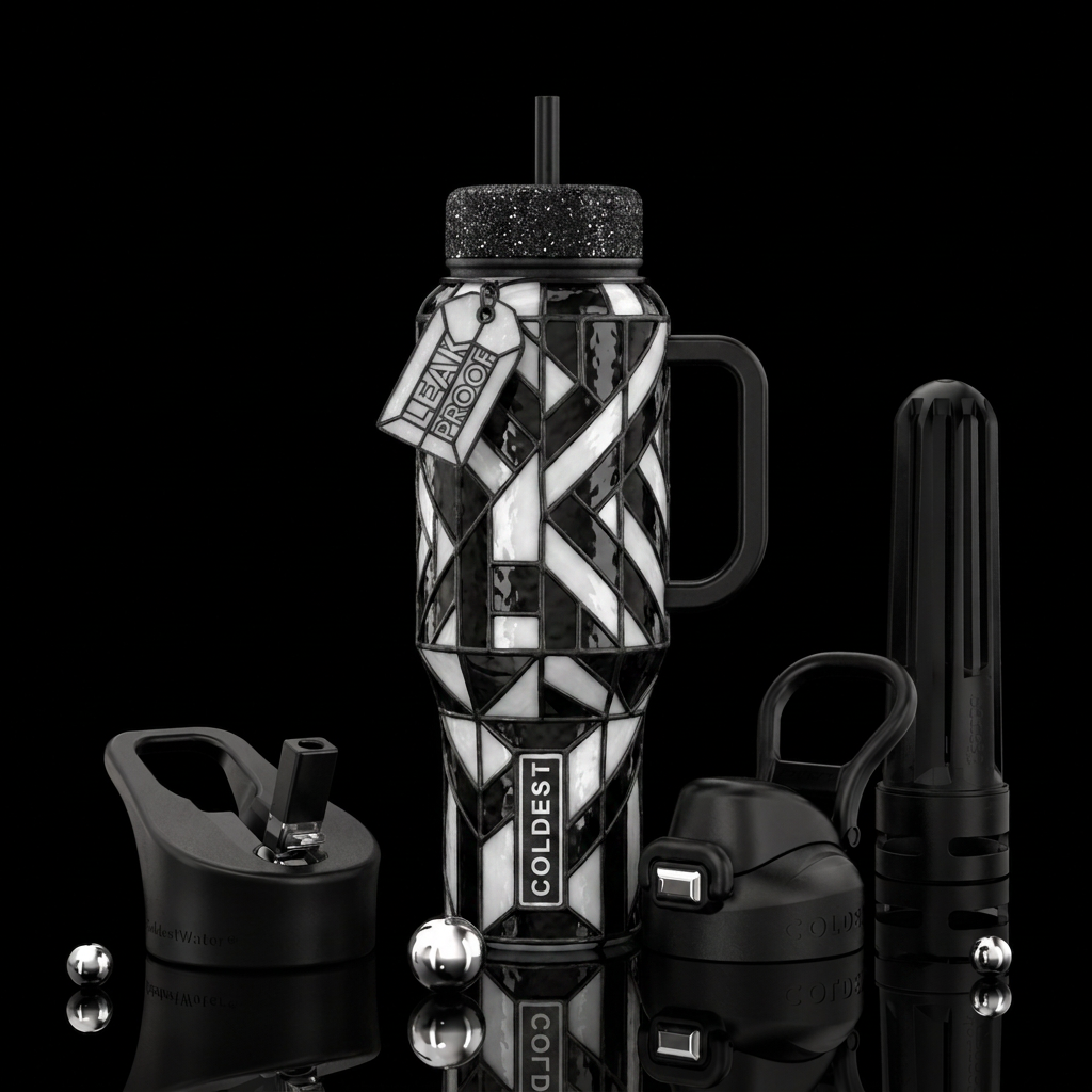 Stained glass black and white, glittery lid water bottle design