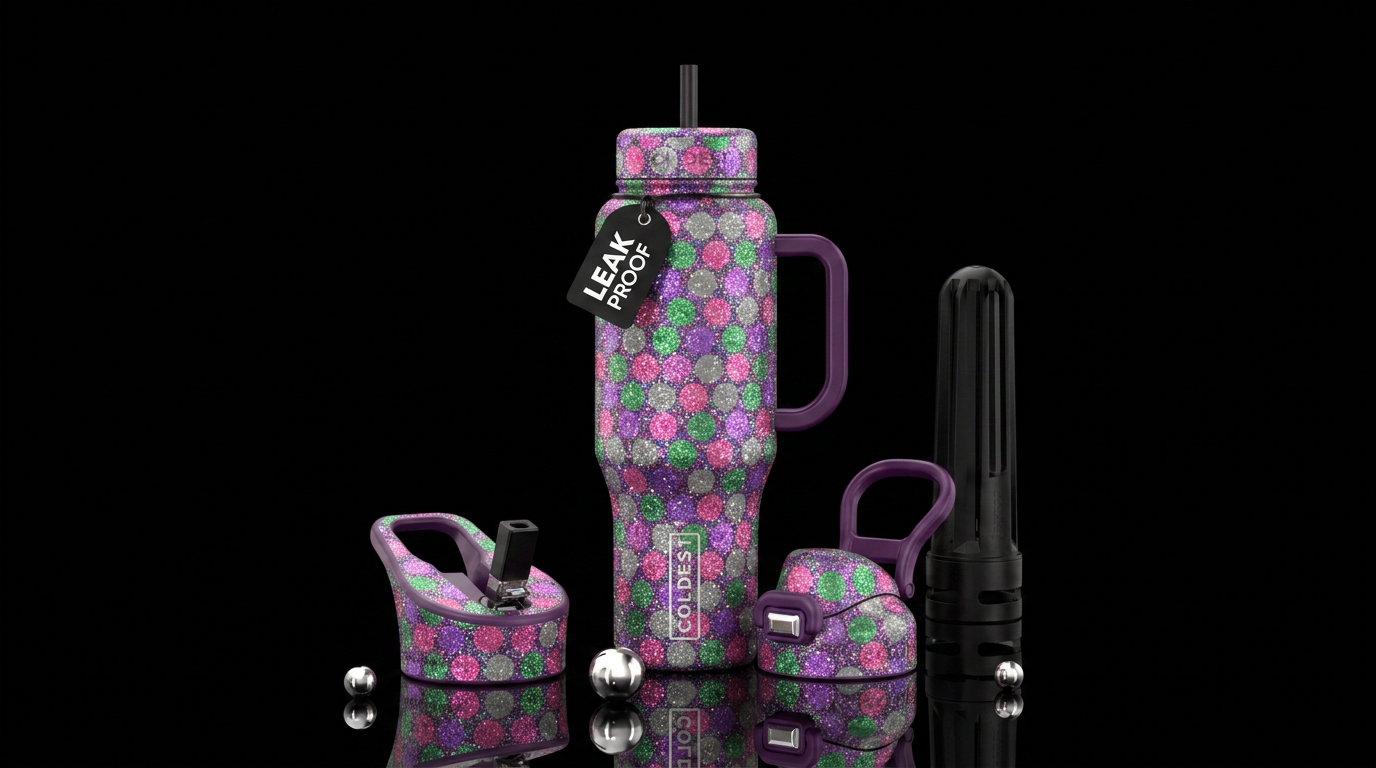 shiny, glittery polka dot colors pink gray green a... water bottle design