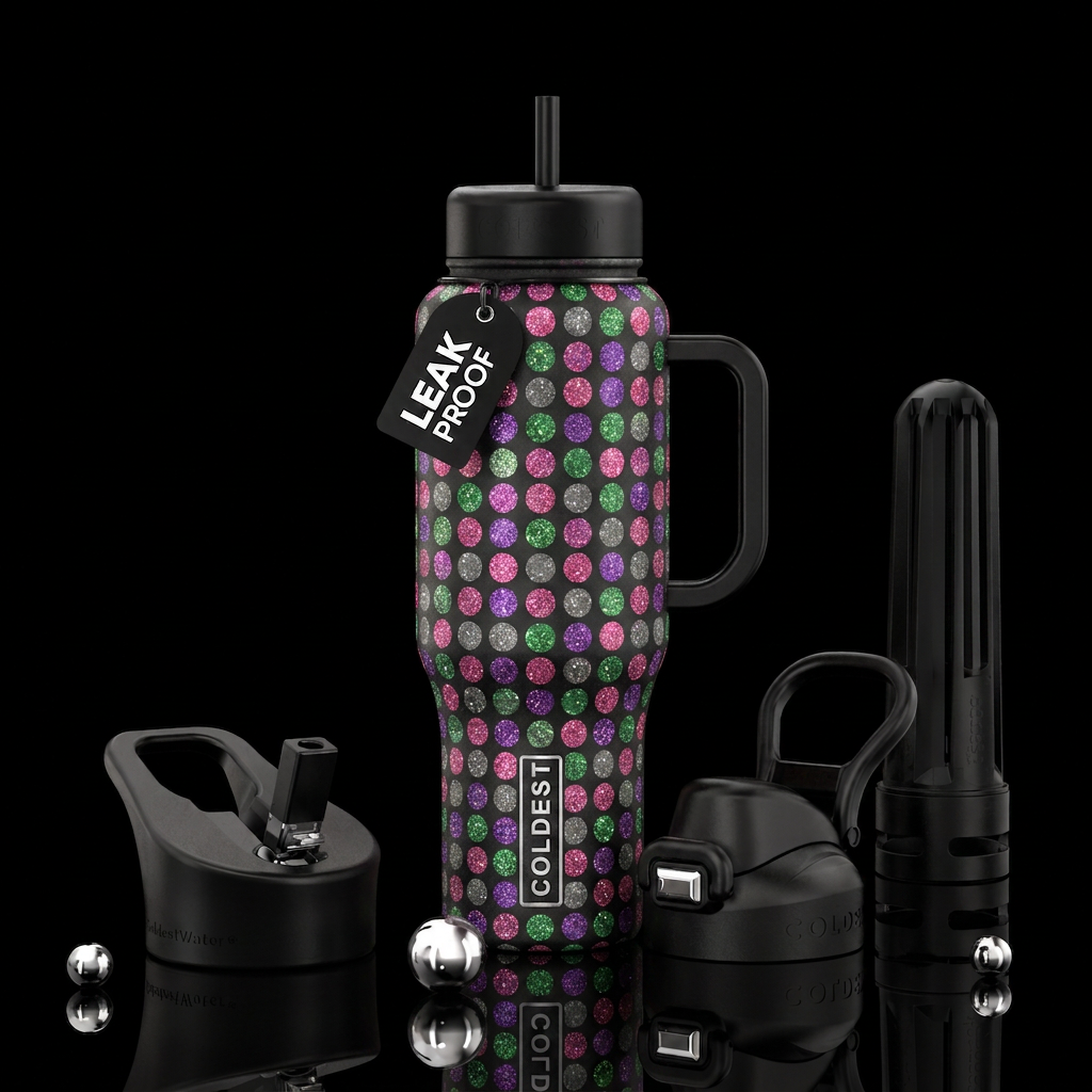shiny, glittery polka dot colors pink gray green a... water bottle design
