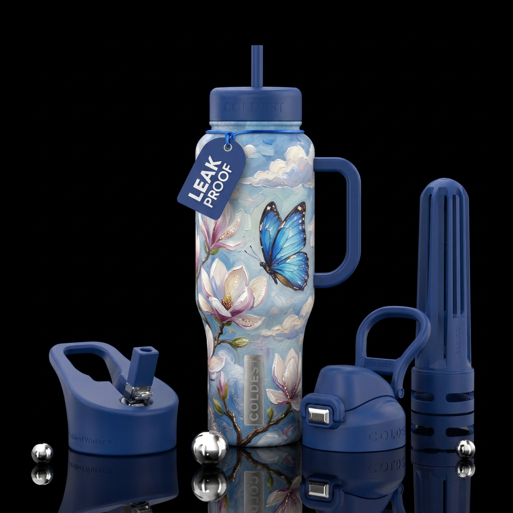 magnolia, clouds, oil painted, butterfly, sparkly,... water bottle design