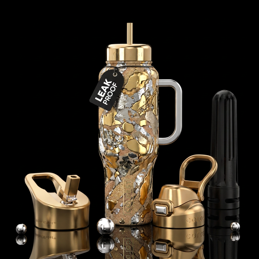 Sandstone, gold, silver, metallic pieces, shiny li... water bottle design