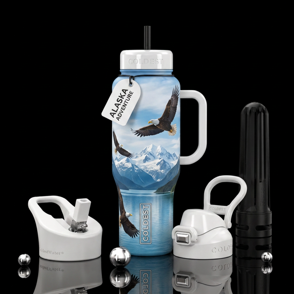 eagles, Alaska, water and mountains, white shiny l... water bottle design