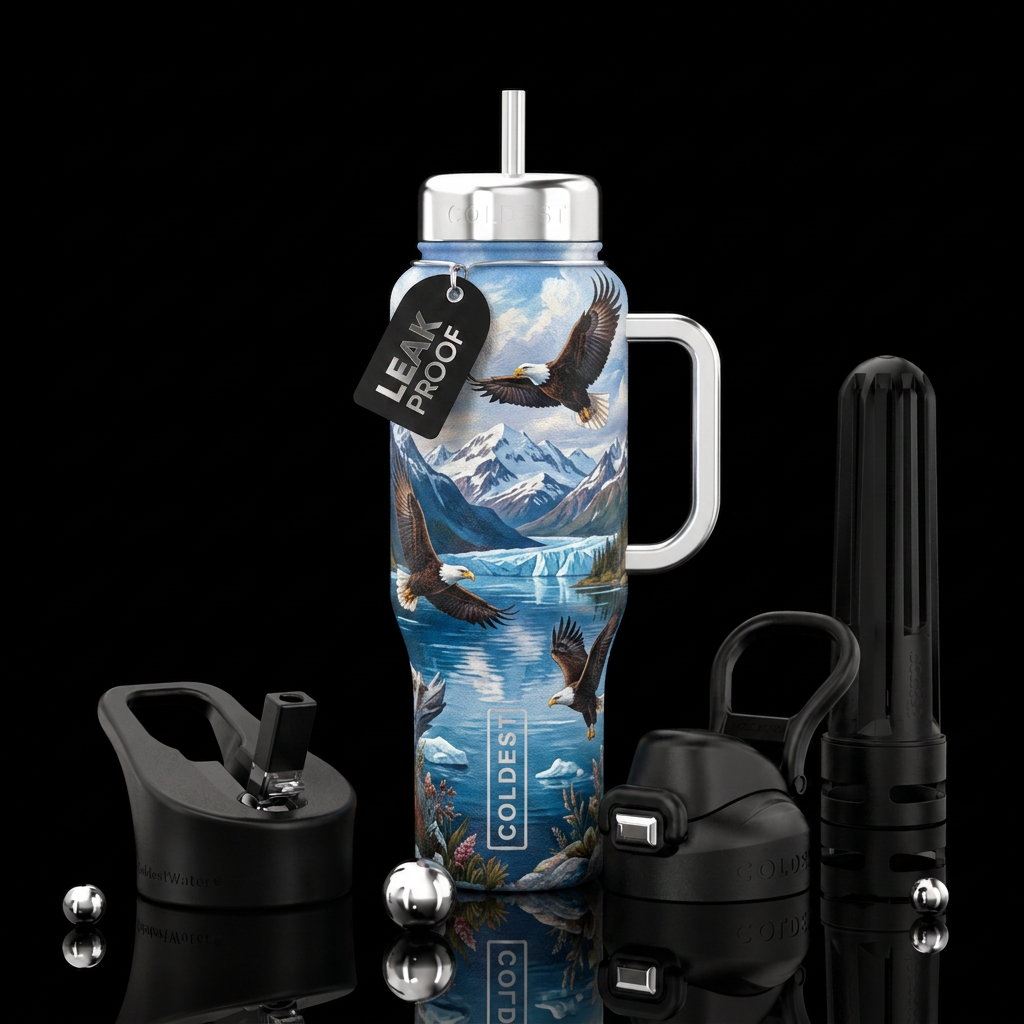 eagles, Alaska, water and mountains, white shiny l... water bottle design