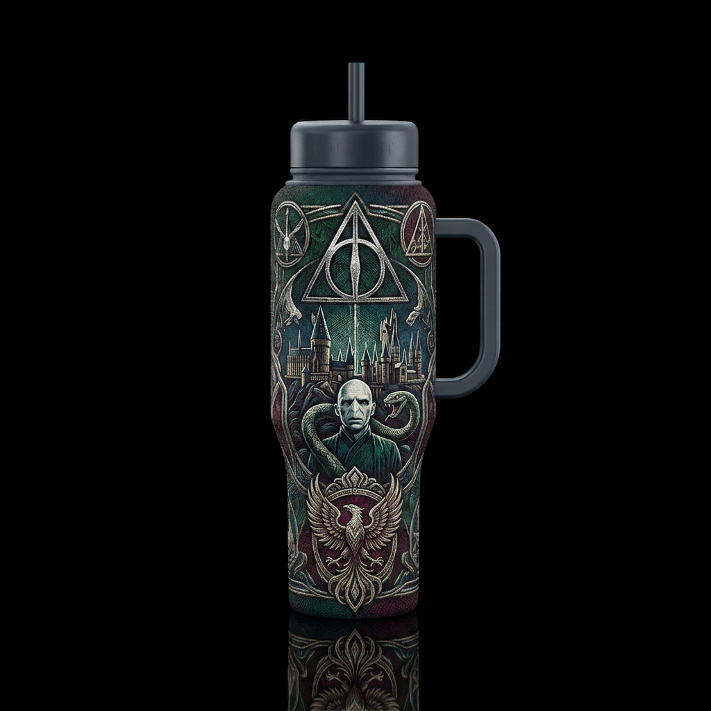 Harry Potter, deathly hallows, hogwarts, Lord Vold... water bottle design