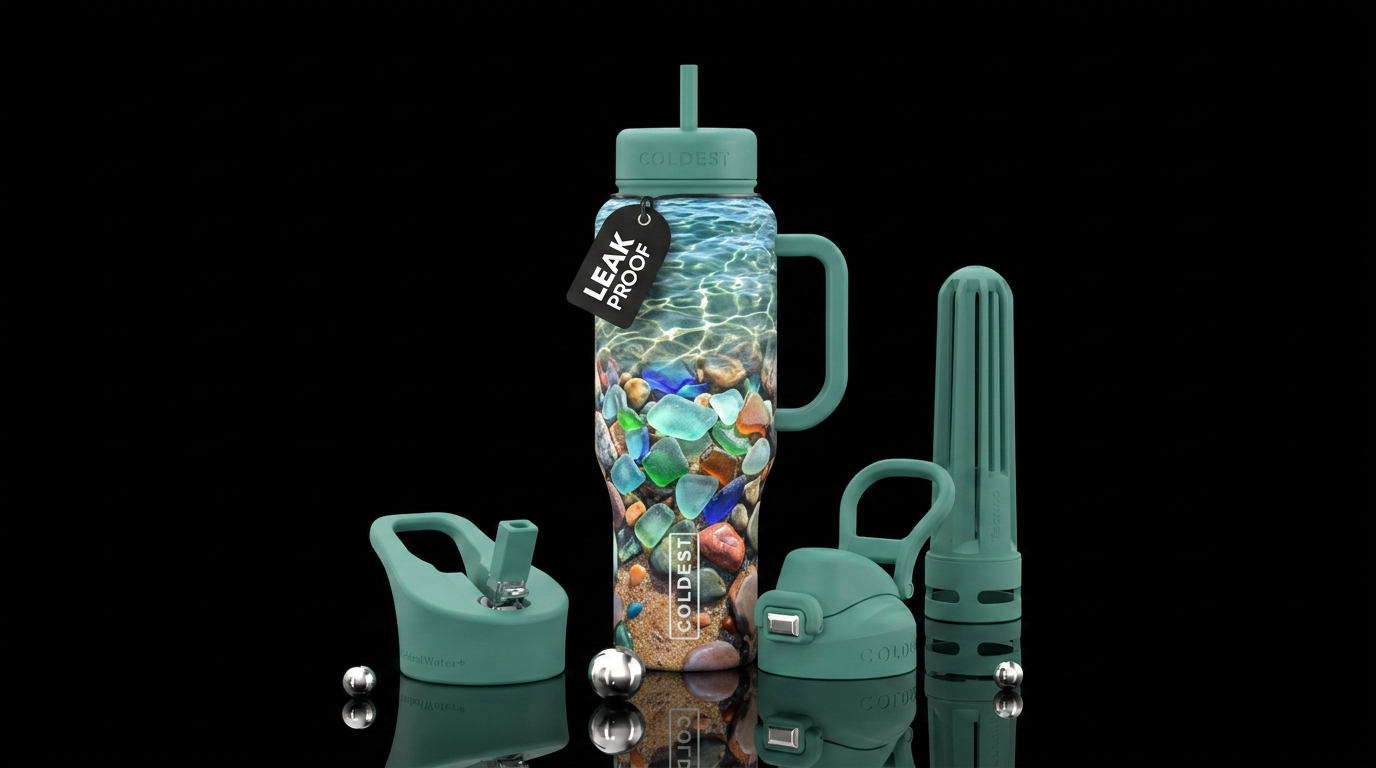 sea glass, lake superior, sand, colorful rocks on ... water bottle design