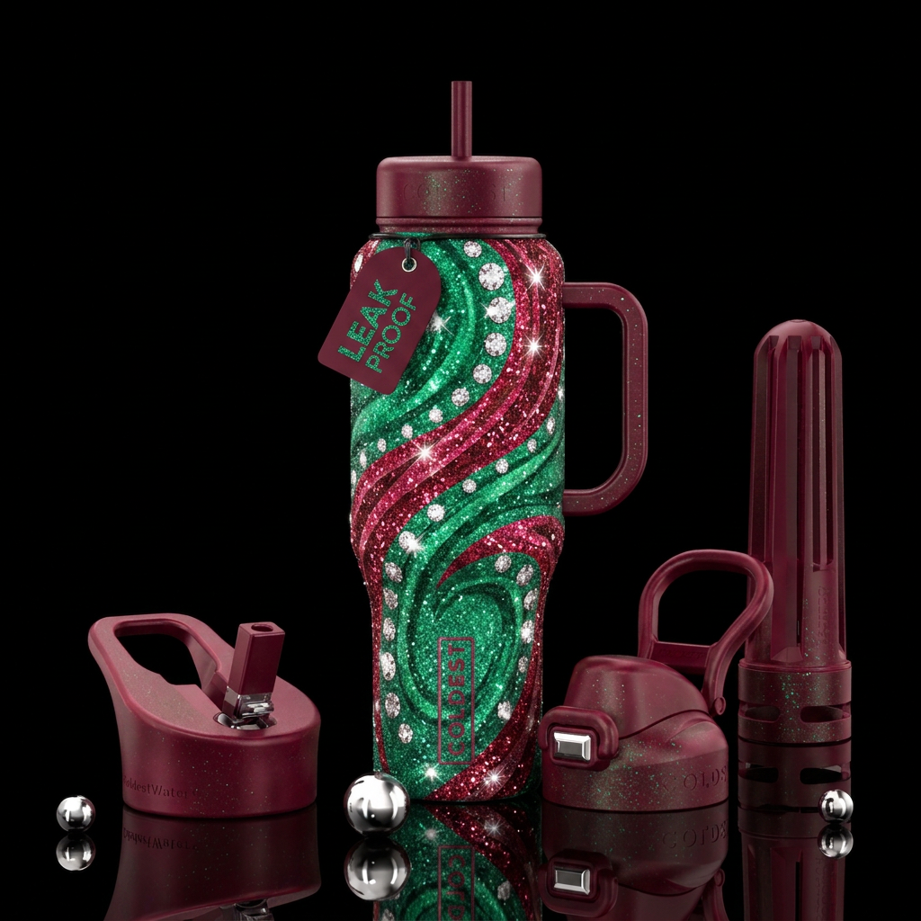 Emerald swirl, diamonds, sparkling, glittery lid, ... water bottle design