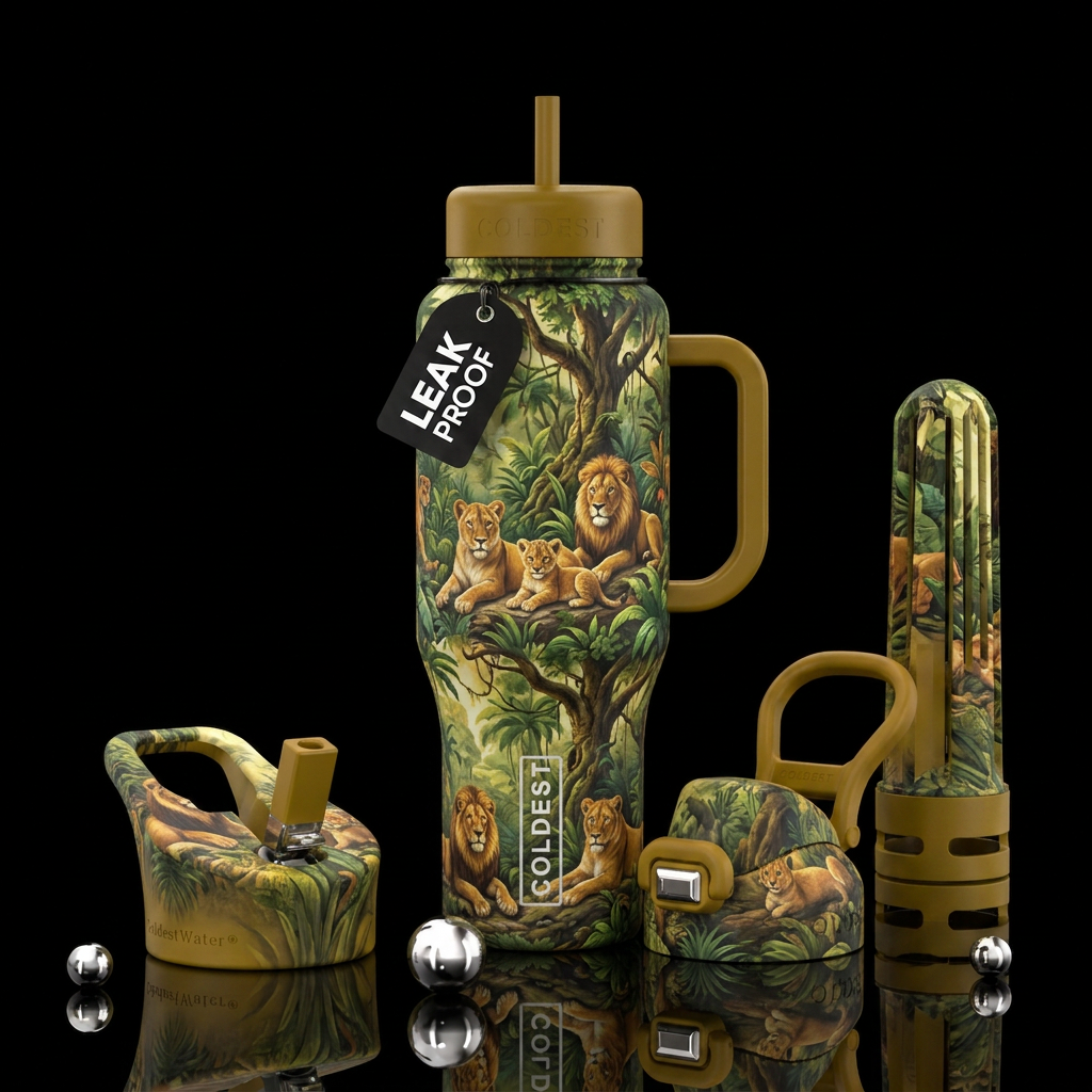 African jungle with Lions, cubs water bottle design