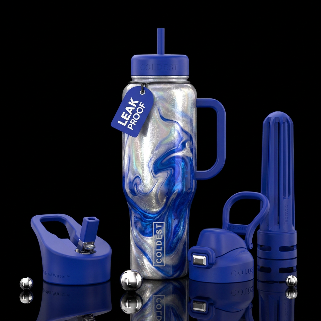 shiny, silver,pearl, Royal blue swirl water bottle design