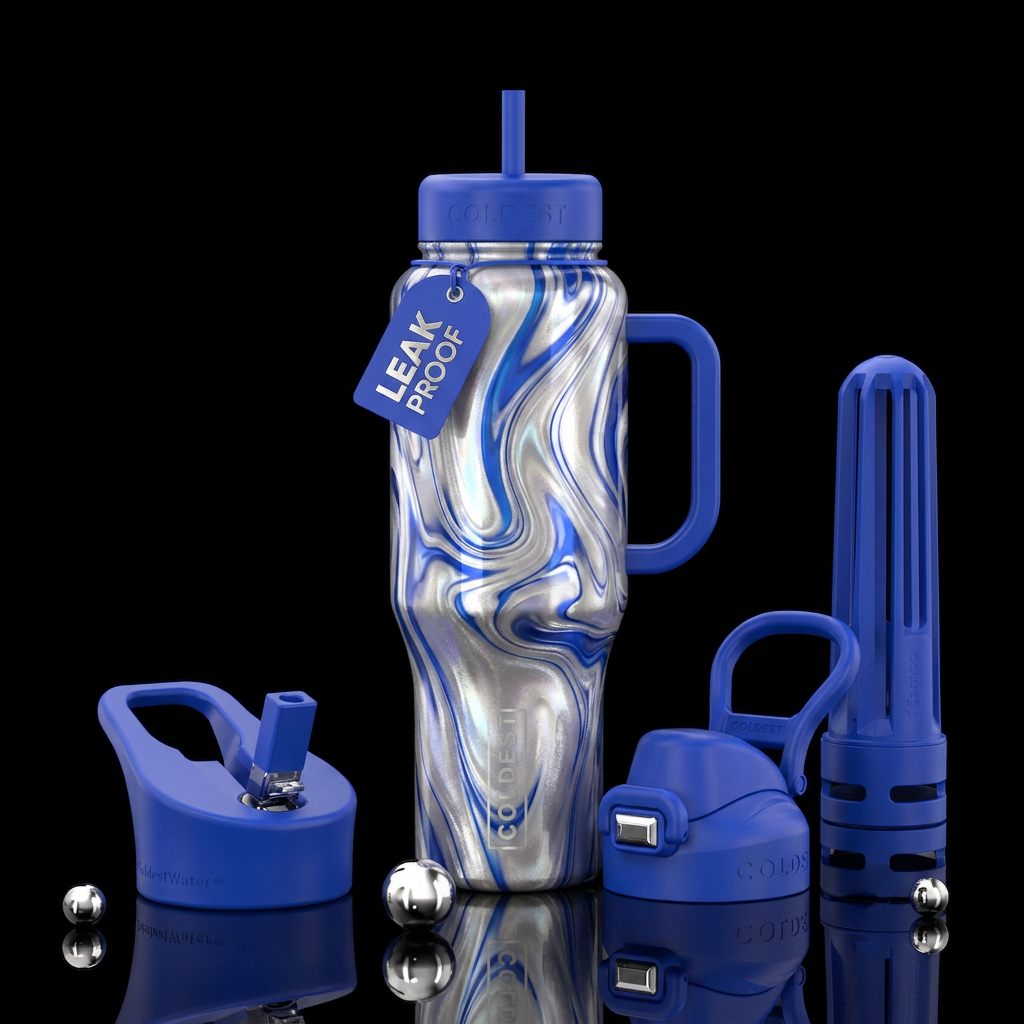 shiny, silver,pearl, Royal blue swirl water bottle design