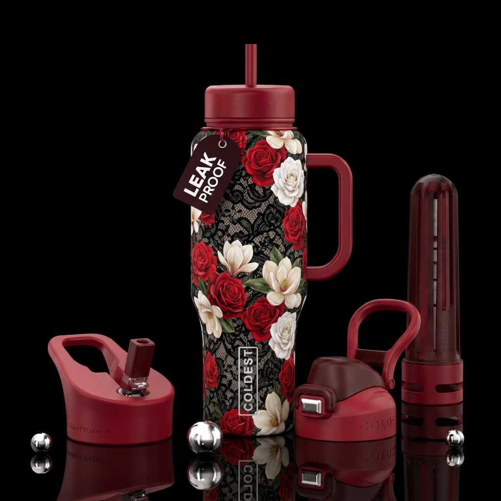 magnolia, red and white roses, lace background, se... water bottle design