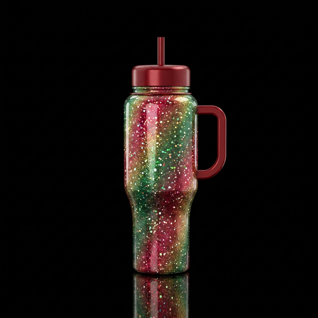 Christmas, sparkly, multichrome, vibrant, artistic water bottle design