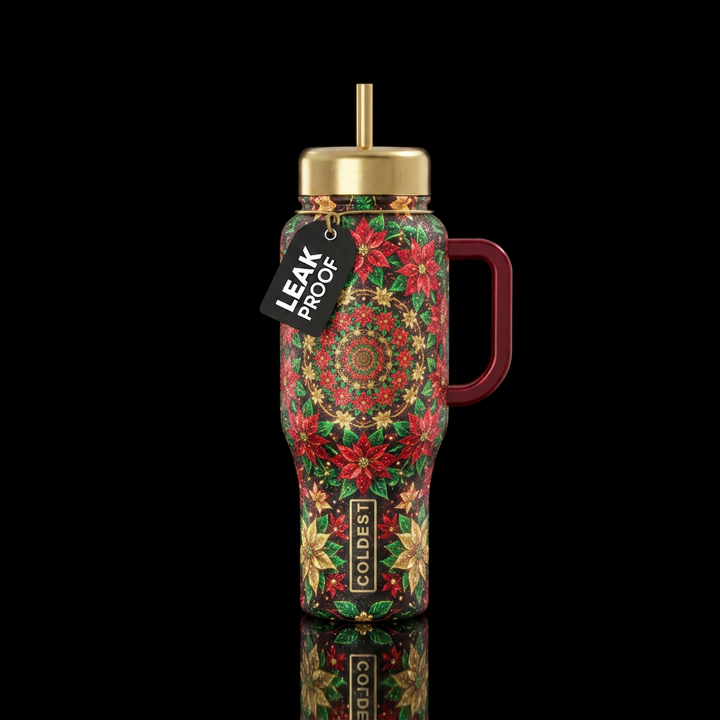 Poinsettias, hypnotic, glowie, beautiul, luxurious... water bottle design