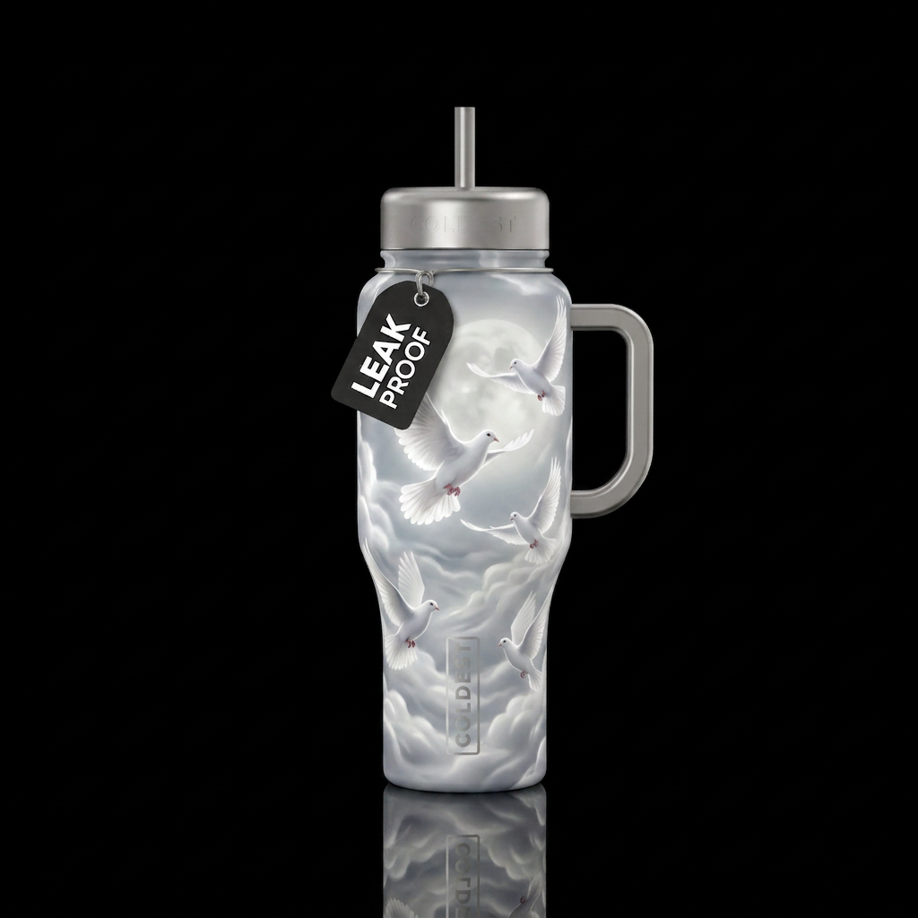 Doves, white, moonlit, silk, clouds, glowie, plati... water bottle design