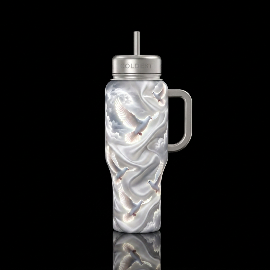 Doves, white, moonlit, silk, clouds, glowie, plati... water bottle design