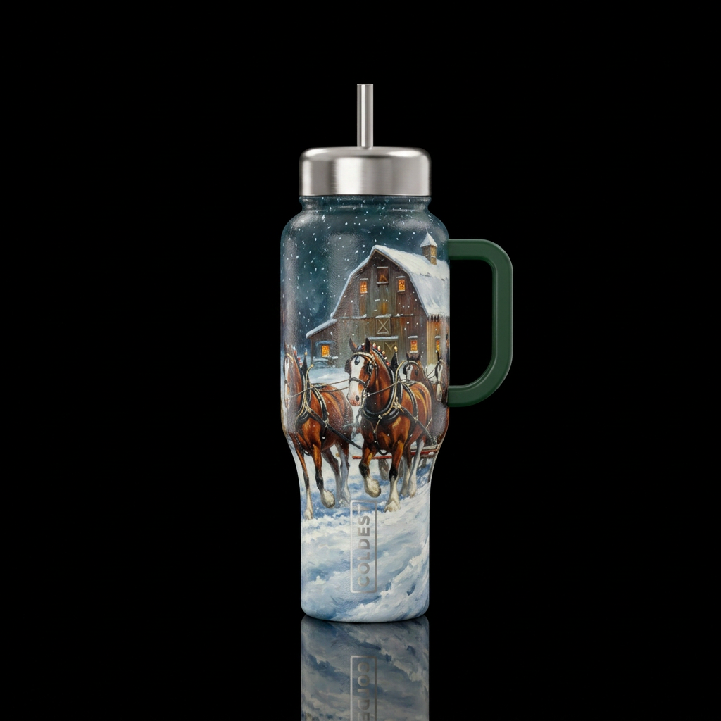 Clydesdale horses, snowy, barn, realistic, oil pai... water bottle design