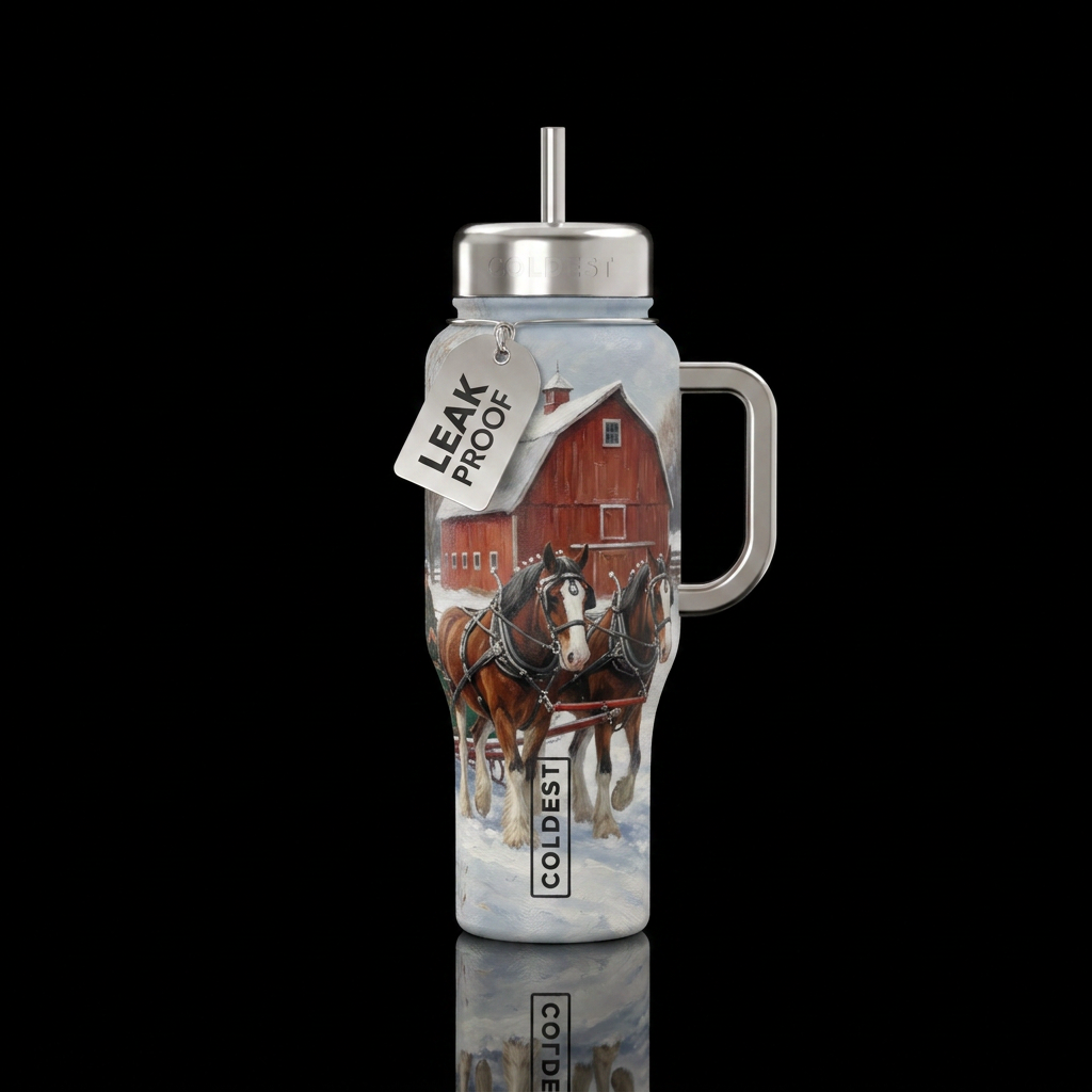 Clydesdale horses, snowy, barn, realistic, oil pai... water bottle design
