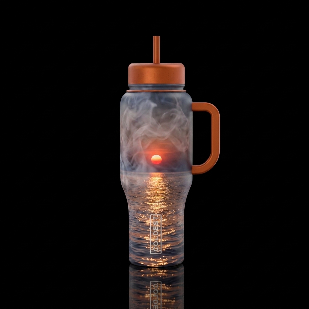 Smoke over the water at dusk, the Sun set Sparkles... water bottle design