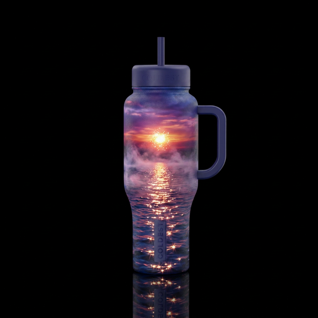 Smoke over the water at dusk, the Sun set Sparkles... water bottle design