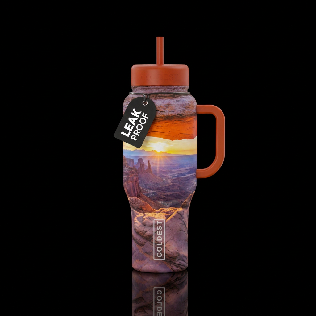 Canyonlands of Utah at sunrise, the sun glistening... water bottle design