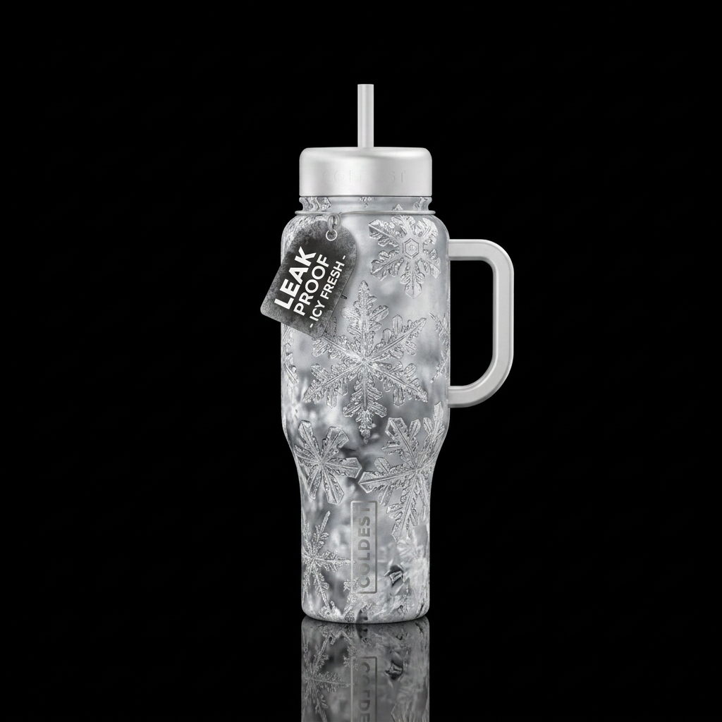 Magnified snow, silvery and white water bottle design