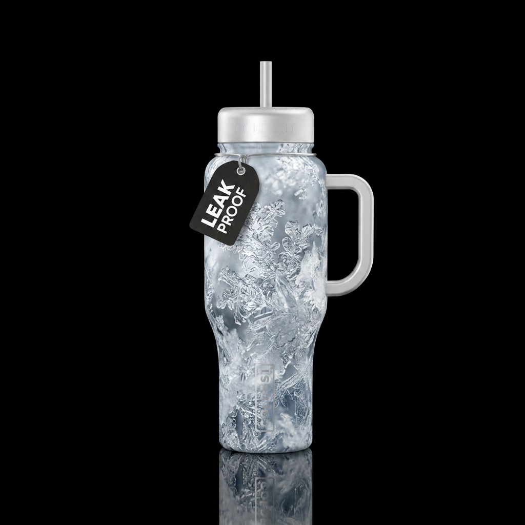 Magnified snow, silvery and white water bottle design