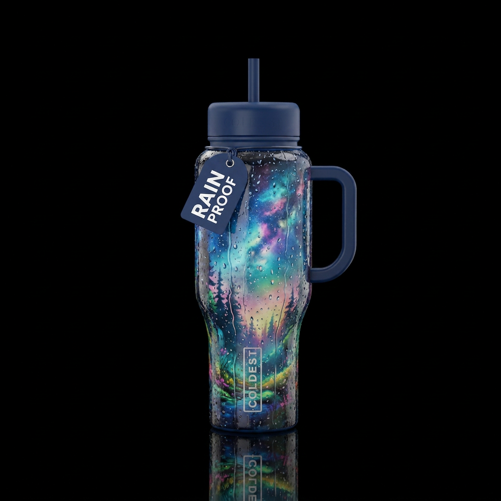 Raining, through a looking glass or window,  seren... water bottle design