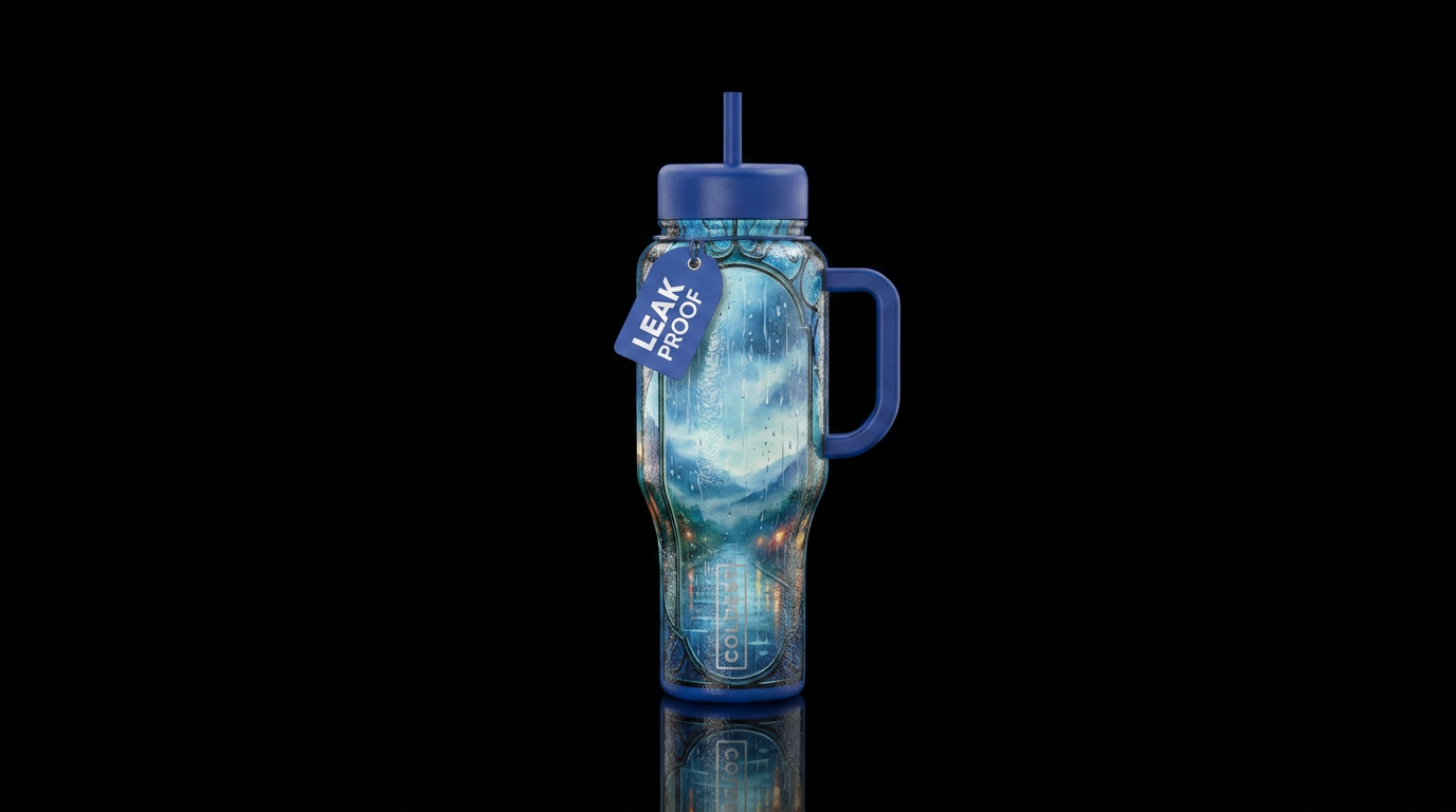 Raining, through a looking glass or window,  seren... water bottle design
