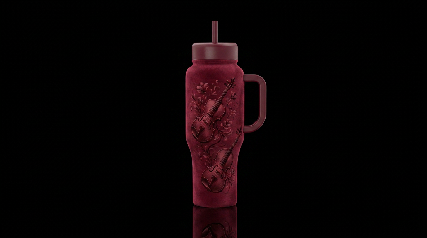 velvet, wine red, violin, stylistic, romantic water bottle design