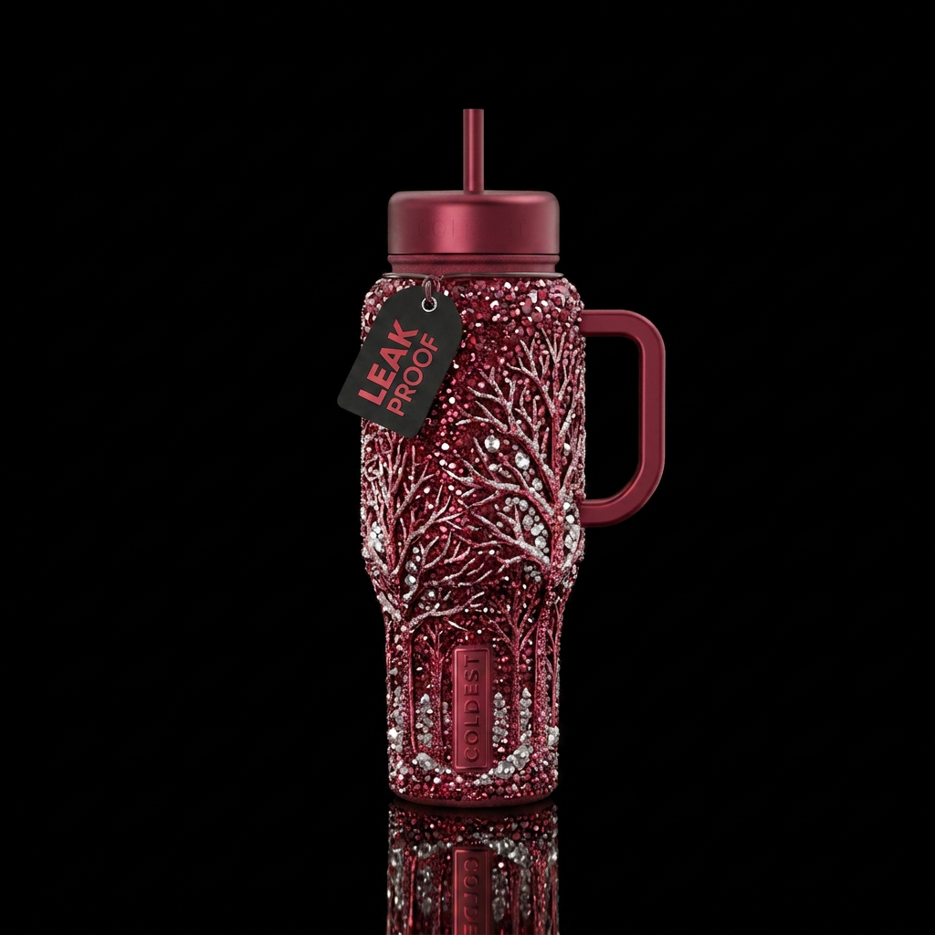 crimson, sparkly trees, crystalline, trees, winter... water bottle design