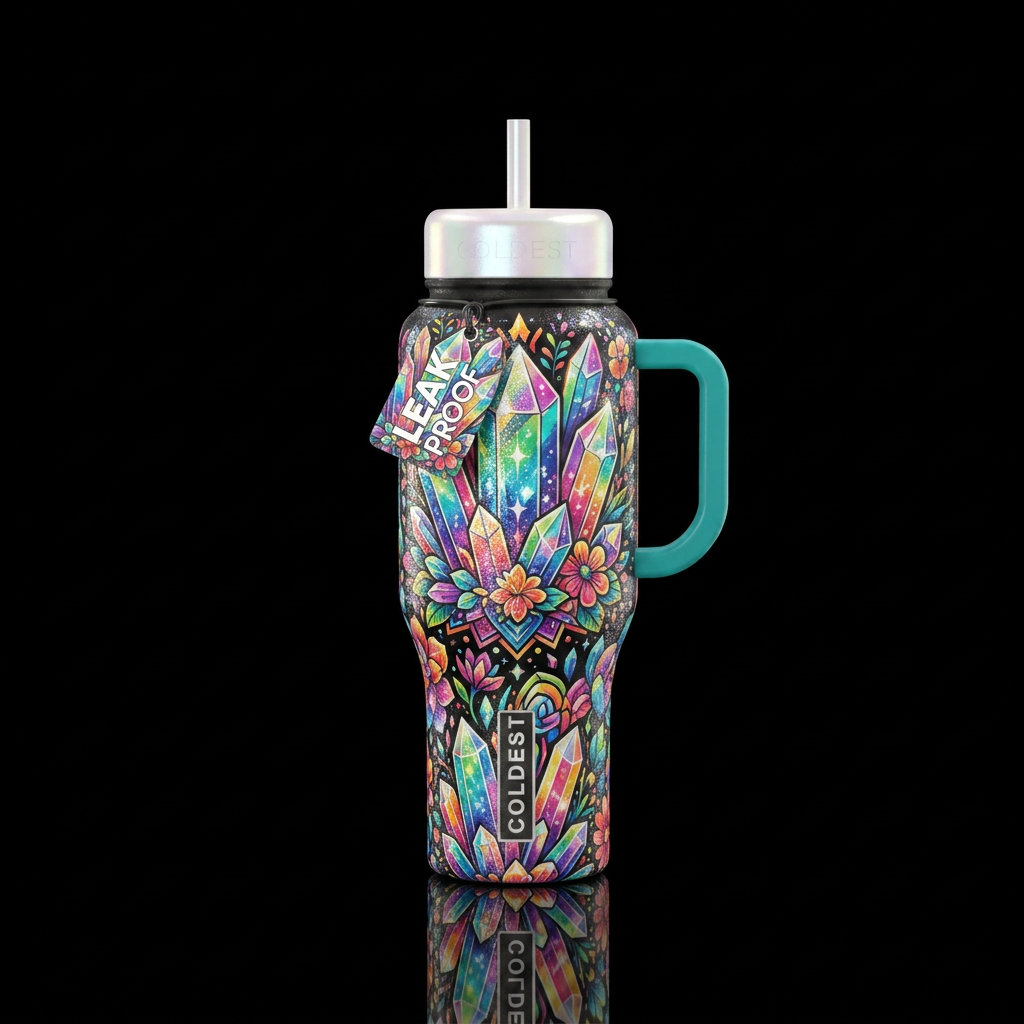 Crystal, white pearl lid, sparkly, shiny, vibrant,... water bottle design