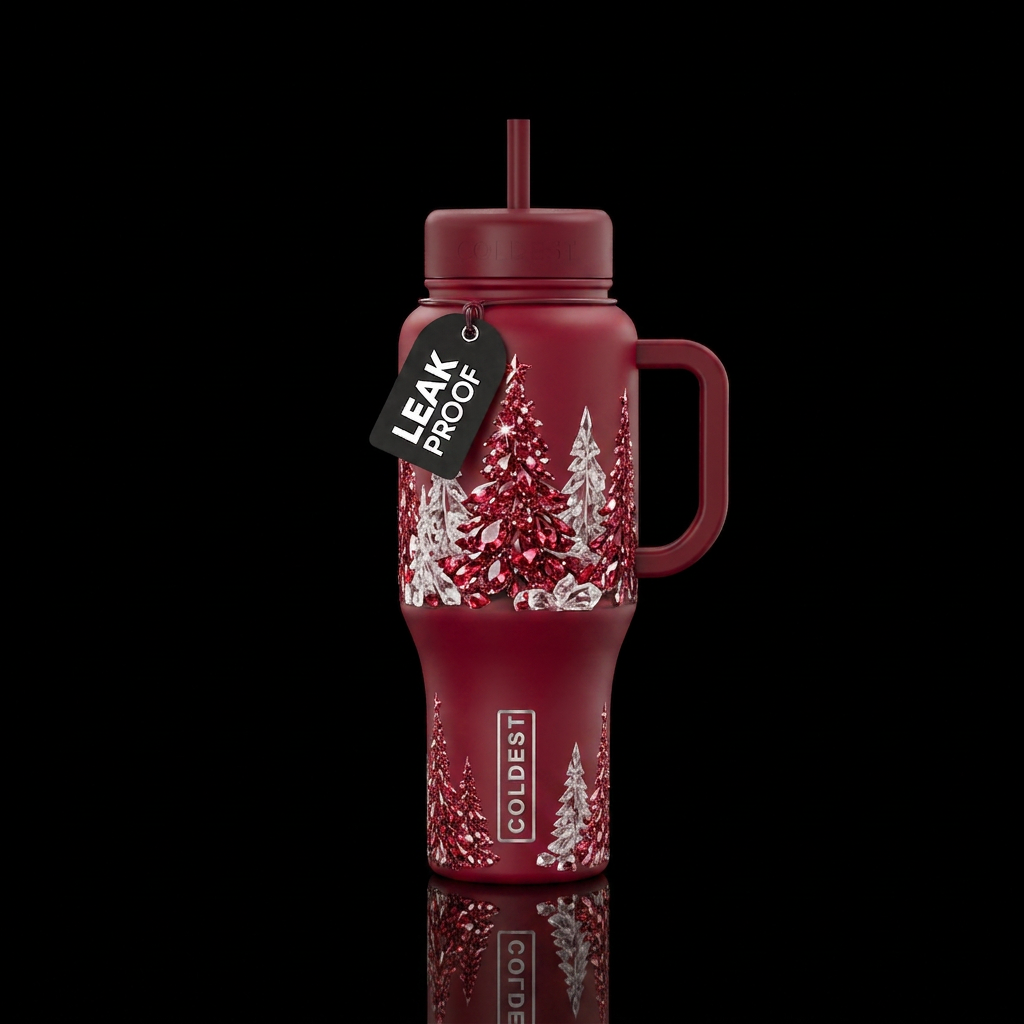 crimson, sparkly trees, crystalline, trees, winter... water bottle design