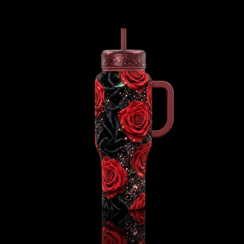 Red Roses in front of black velvet, sparkly, glowi... water bottle design
