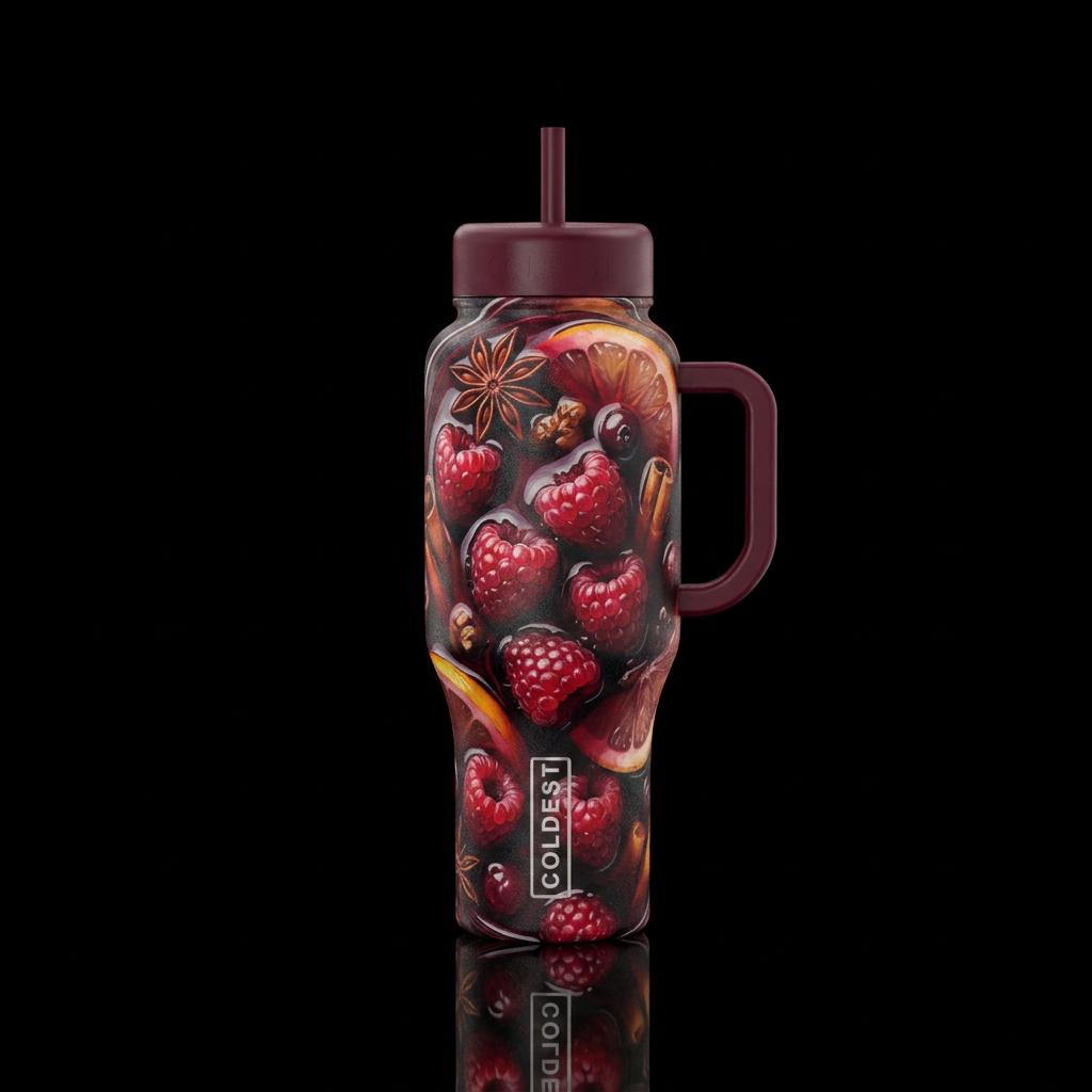 Raspberries in sangria, aged, beautiul, vibrant, a... water bottle design