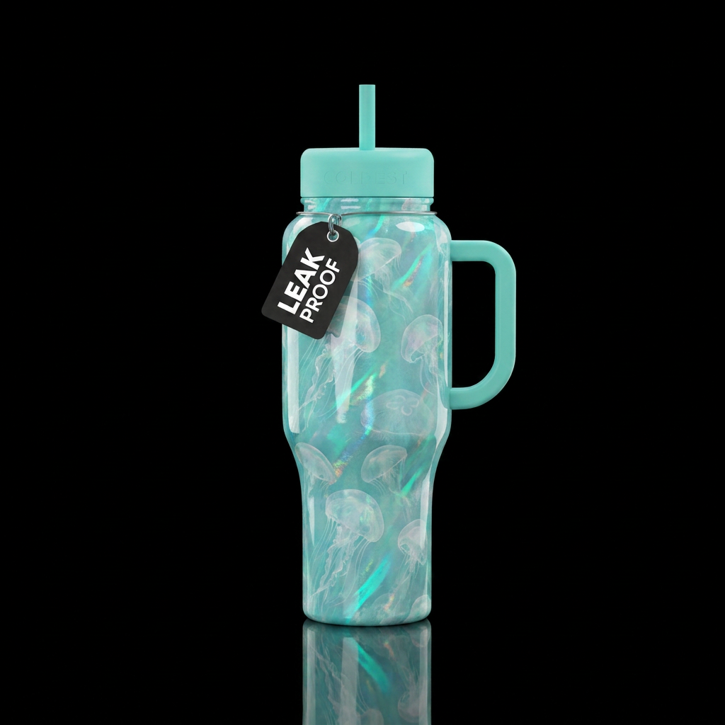 aquamarine bottle with jellyfish, hints of opal an... water bottle design