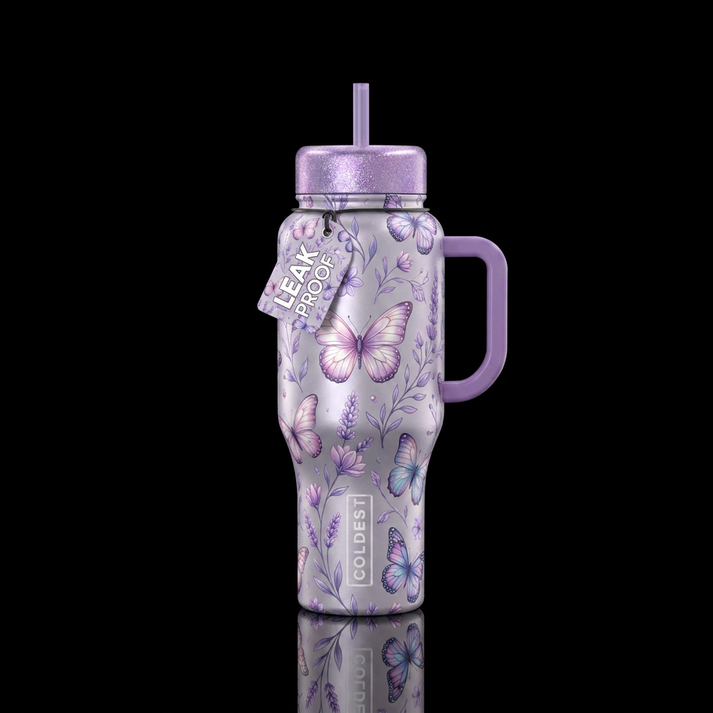 beautiul, butterfly garden, lavender and pearl col... water bottle design