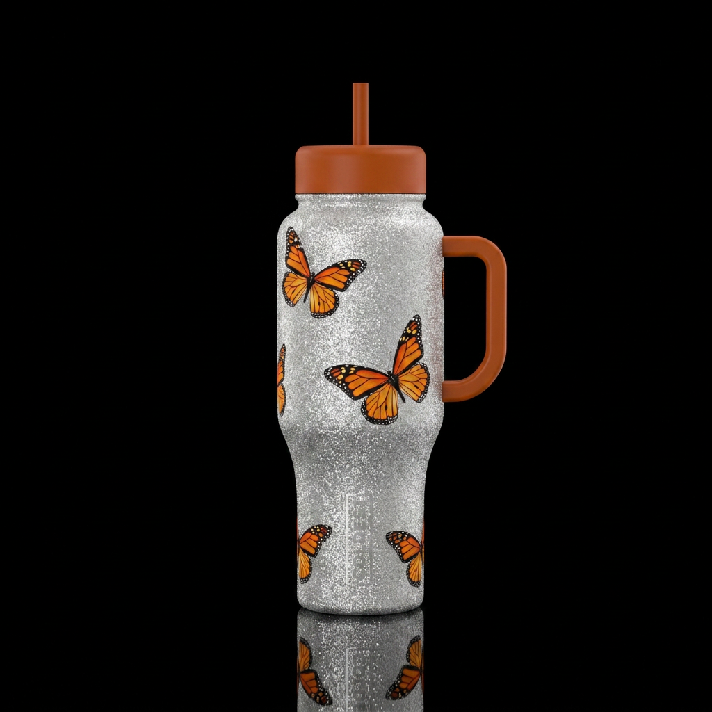 Silver sparkly bottle with monarch butterflies water bottle design