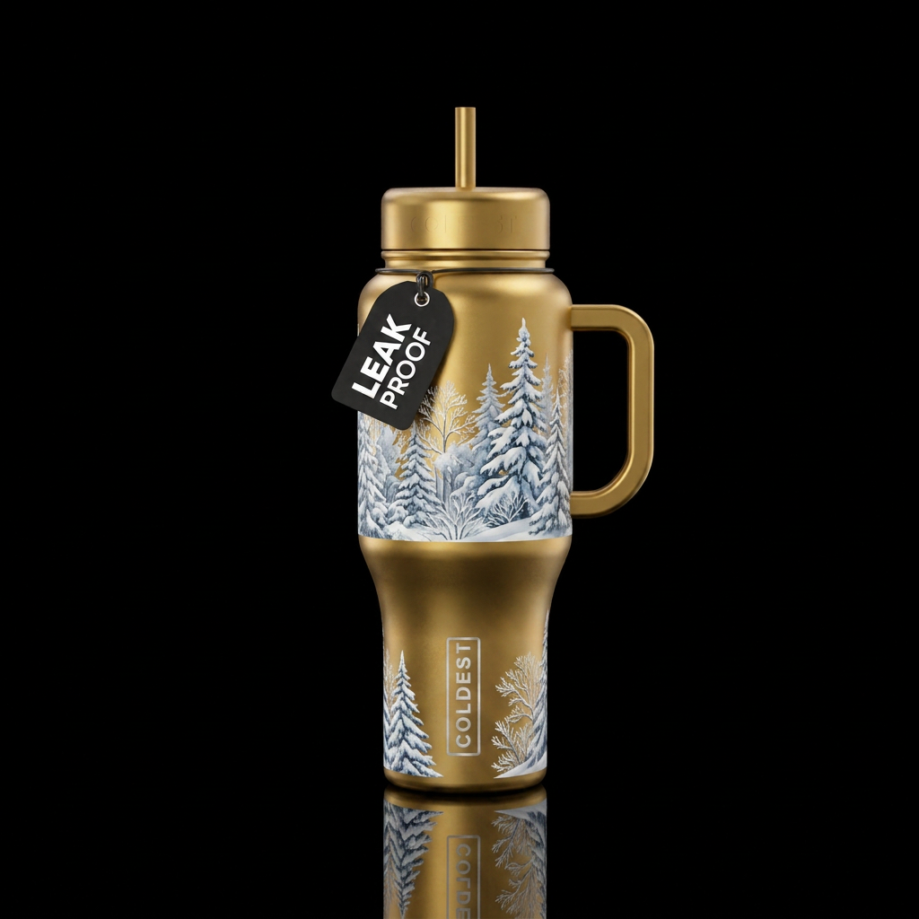 Gold bottle with wintery snowy trees, beautiul, vi... water bottle design