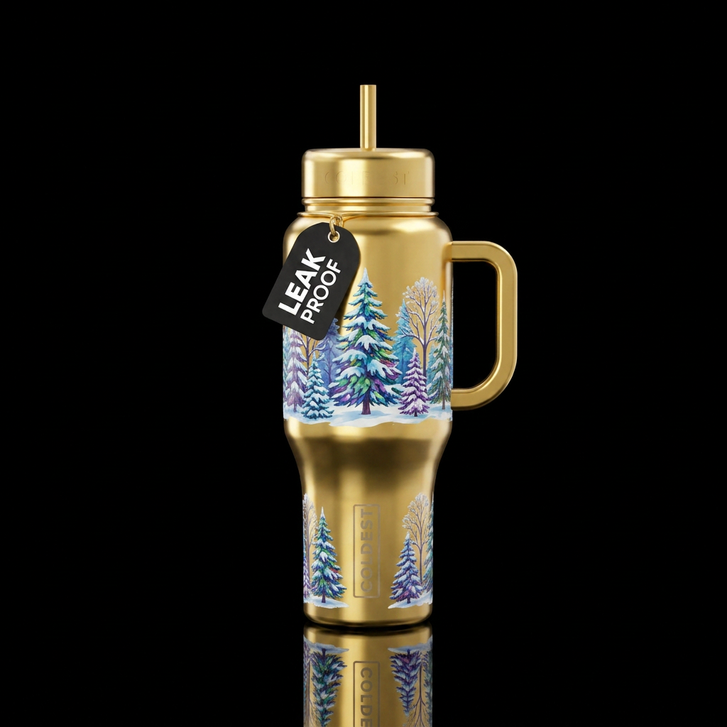 Gold bottle with wintery snowy trees, beautiul, vi... water bottle design