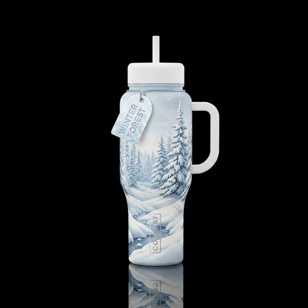 Beautiful White wintery forest water bottle design