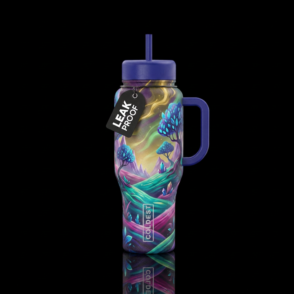 Vibrant utopia, colorful, fantasy world water bottle design